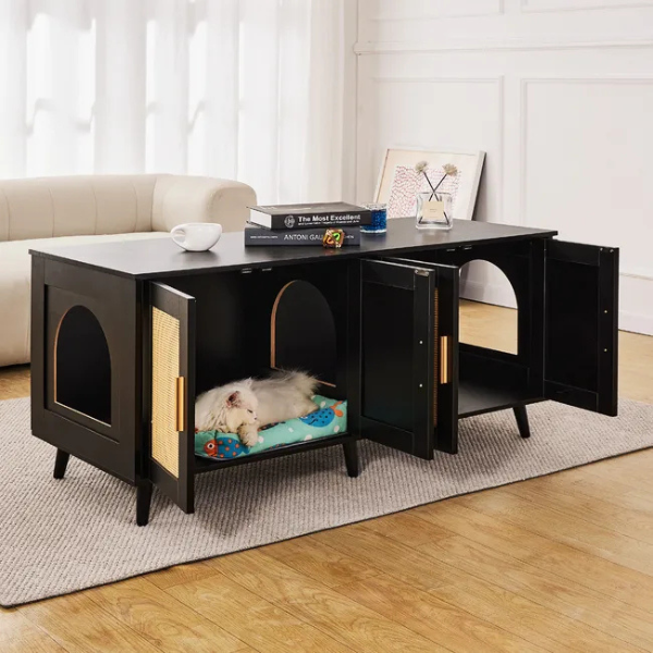 Litter Box Concealment Cabinet for 2 Cats Wooden Black Rattan Decorative Storage Armoire