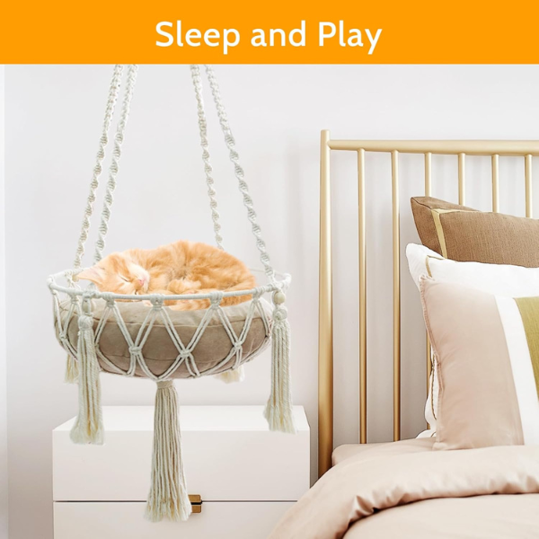 Bohemian Woven Hanging Cat Bed Basket Natural Rattan Pet Hammock