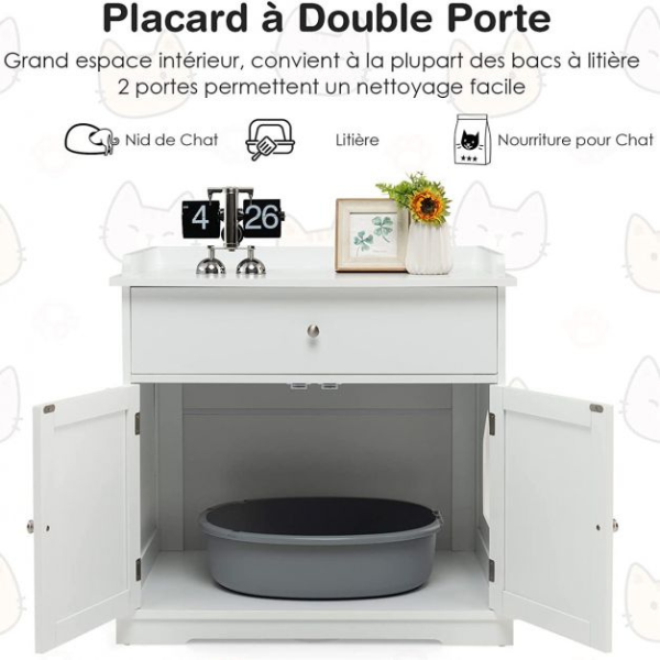 Cat Litter Box Cabinet Hidden Litter Furniture with Drawer and 2 Doors