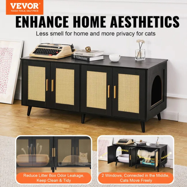Litter Box Concealment Cabinet for 2 Cats Wooden Black Rattan Decorative Storage Armoire