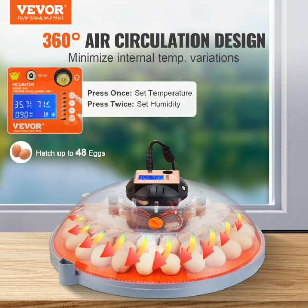 Automatic Egg Incubator with Automatic Turning - 48 Eggs Capacity - Temperature and Humidity Control