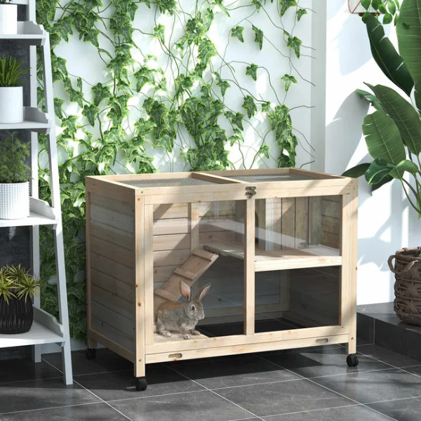 Two-Level Rabbit Hutch on Wheels with Hideaway and Removable Droppings Tray