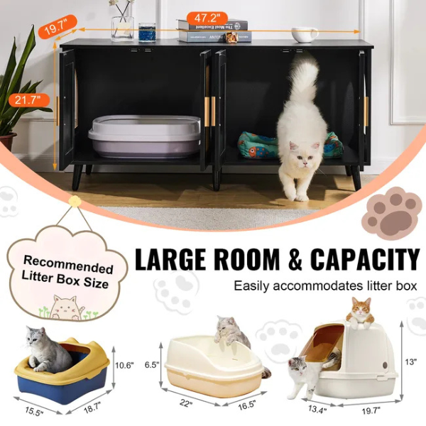 Litter Box Concealment Cabinet for 2 Cats Wooden Black Rattan Decorative Storage Armoire