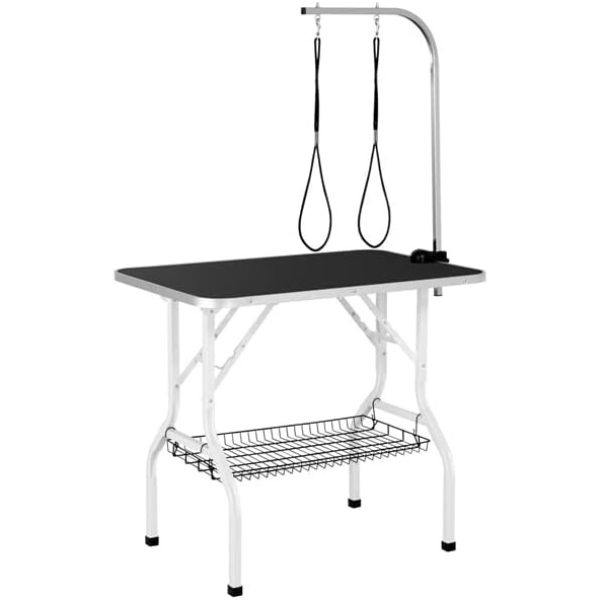 Foldable Dog Grooming Table Adjustable Arm 2 Restraint Straps Storage Basket Large Non-Slip Surface Supports Up to 220lbs