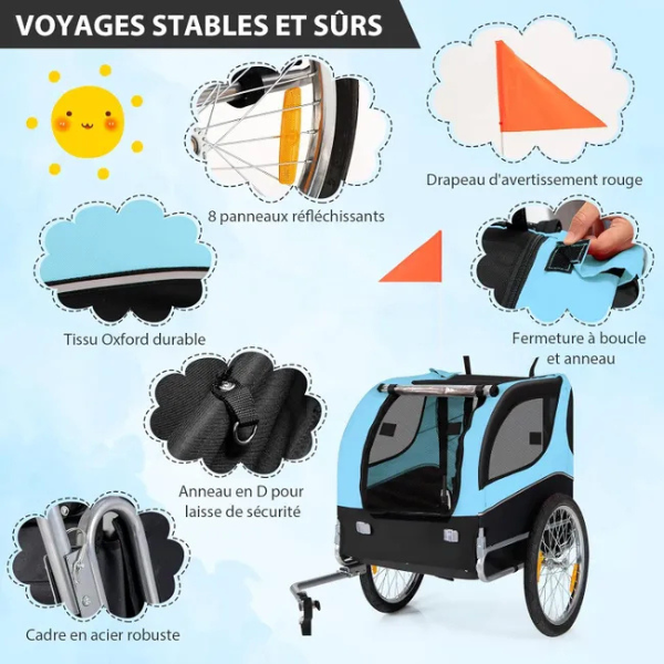 Foldable Dog Bike Trailer Pet Carrier with Oxford Canvas, Flag, 8 Reflectors, Max Load 88 lbs