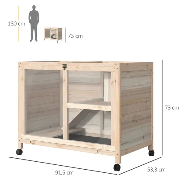 Two-Level Rabbit Hutch on Wheels with Hideaway and Removable Droppings Tray