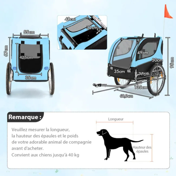 Foldable Dog Bike Trailer Pet Carrier with Oxford Canvas, Flag, 8 Reflectors, Max Load 88 lbs