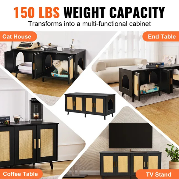 Litter Box Concealment Cabinet for 2 Cats Wooden Black Rattan Decorative Storage Armoire