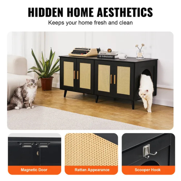 Litter Box Concealment Cabinet for 2 Cats Wooden Black Rattan Decorative Storage Armoire