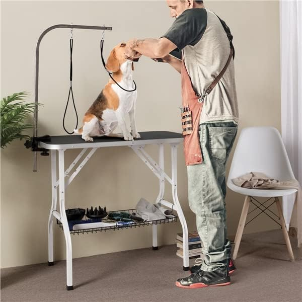 Foldable Dog Grooming Table Adjustable Arm 2 Restraint Straps Storage Basket Large Non-Slip Surface Supports Up to 220lbs