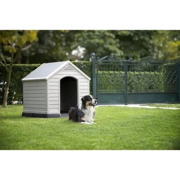 Beige and Brown Plastic Dog House 39 x 37 x 39 inches Durable Outdoor Pet Kennel Shelter