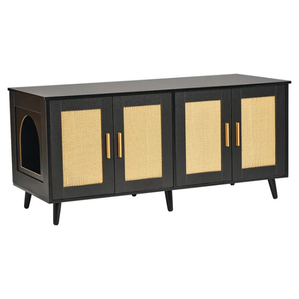 Litter Box Concealment Cabinet for 2 Cats Wooden Black Rattan Decorative Storage Armoire