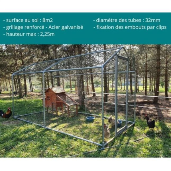 8sqm Chicken Run 32mm Tubes 7.4ft High Reinforced Wire Mesh Enclosure 4x6.5ft Galvanized Steel