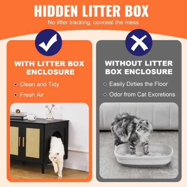 Litter Box Concealment Cabinet for 2 Cats Wooden Black Rattan Decorative Storage Armoire