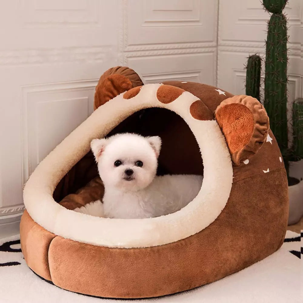 Bear Shaped Cat Bed Cozy Plush Pet Nest