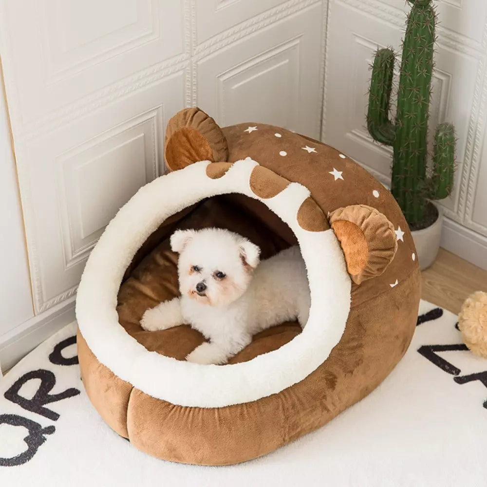 Bear Shaped Cat Bed Cozy Plush Pet Nest