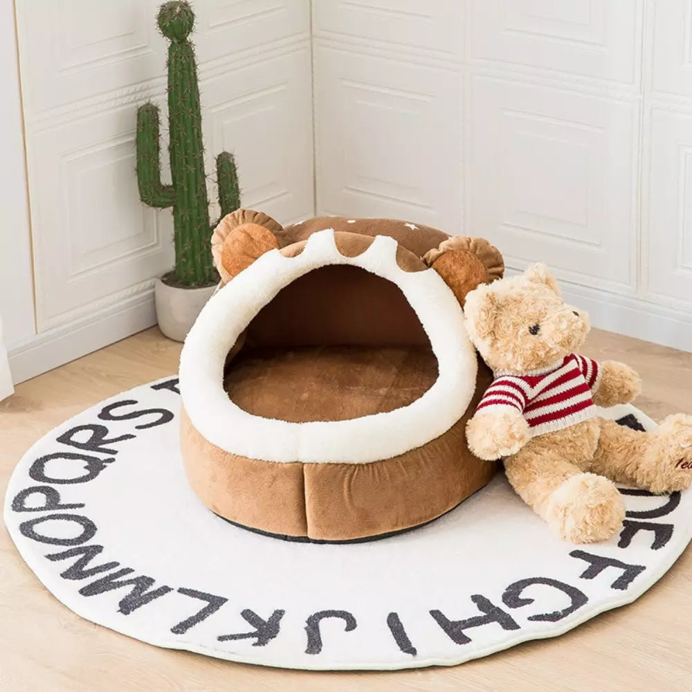 Bear Shaped Cat Bed Cozy Plush Pet Nest