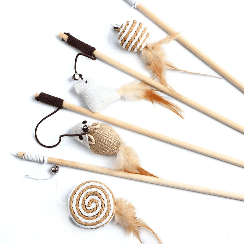 Wooden Cat Fishing Toy Stick Natural Cat Wand Interactive Cat Teaser Toy