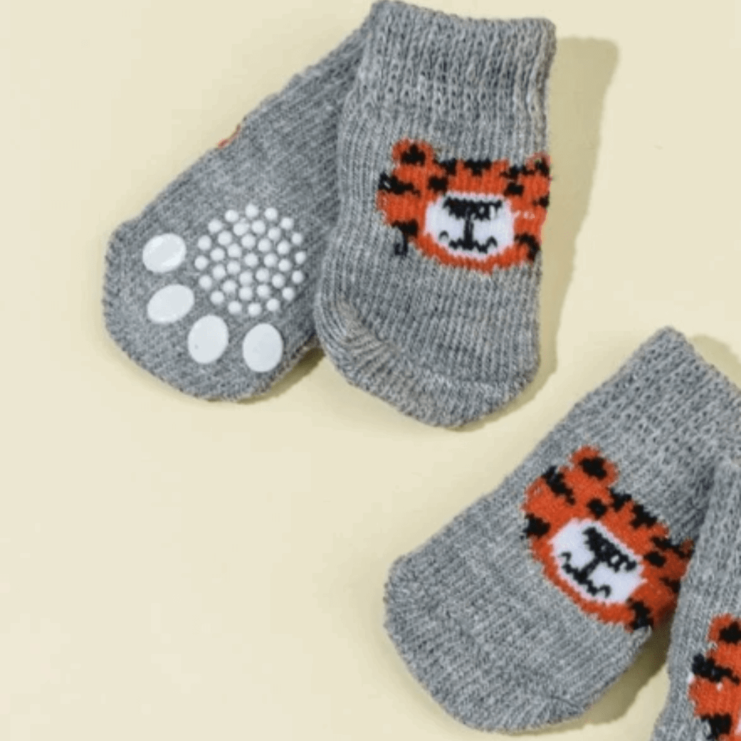 Dog Socks Gray Tiger Print Non Slip Pet Booties