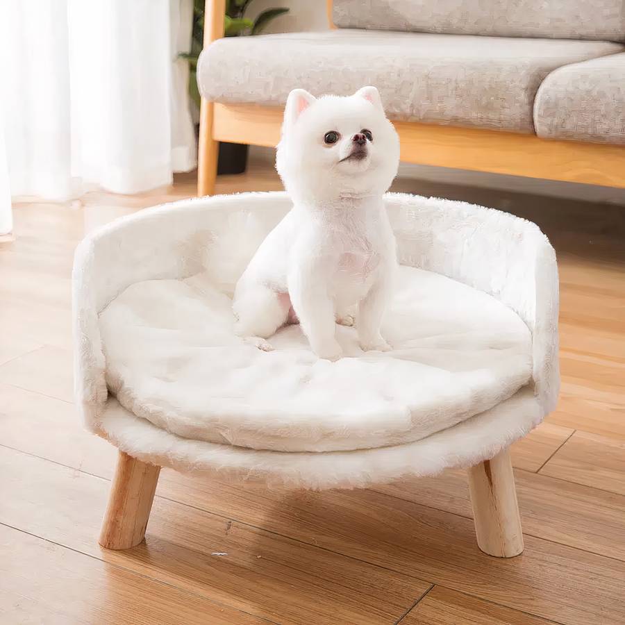 Round White Dog Sofa with Wooden Legs