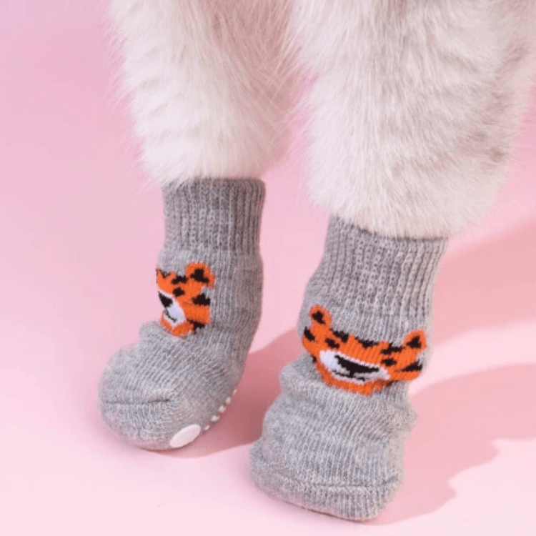 Dog Socks Gray Tiger Print Non Slip Pet Booties