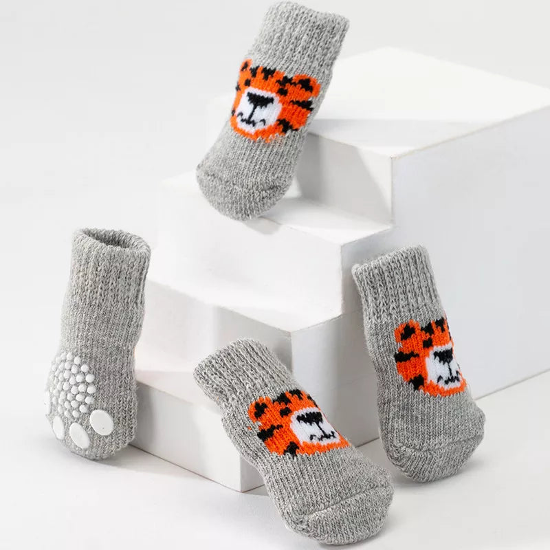 Dog Socks Gray Tiger Print Non Slip Pet Booties