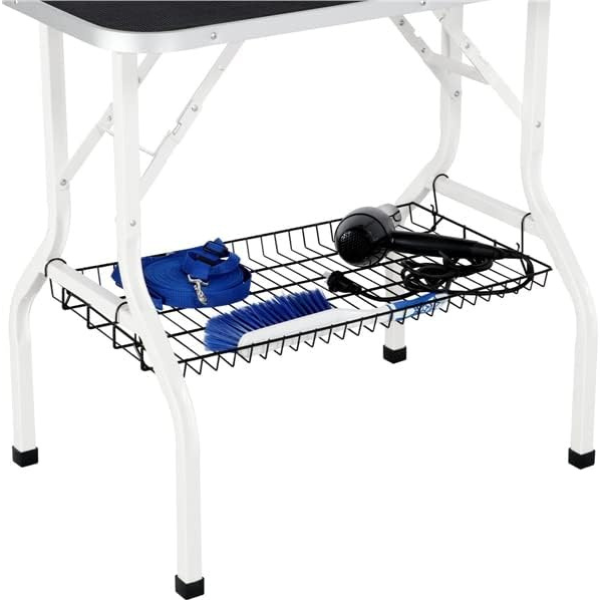 Foldable Dog Grooming Table Adjustable Arm 2 Restraint Straps Storage Basket Large Non-Slip Surface Supports Up to 220lbs