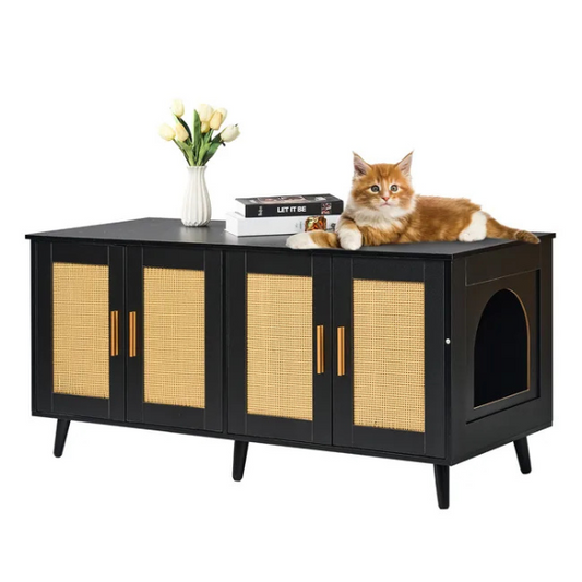 Litter Box Concealment Cabinet for 2 Cats Wooden Black Rattan Decorative Storage Armoire