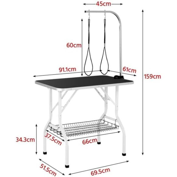 Foldable Dog Grooming Table Adjustable Arm 2 Restraint Straps Storage Basket Large Non-Slip Surface Supports Up to 220lbs