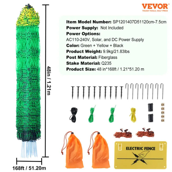 Electric Fence Netting Kit 4 x 168 ft - PE Mesh Fence with Double Point Posts and Stakes - Portable Utility Poultry Chicken Fence
