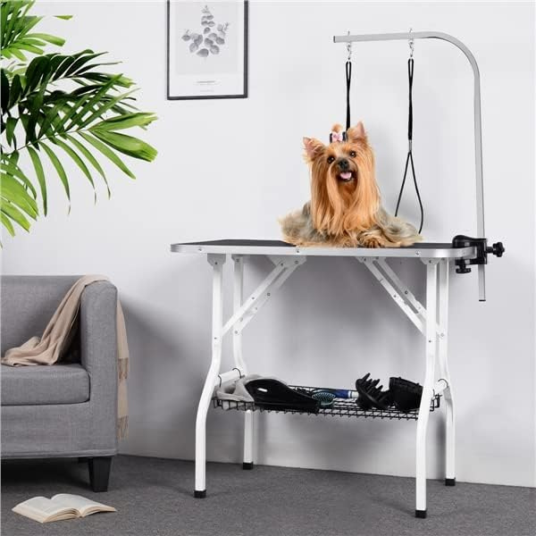 Foldable Dog Grooming Table Adjustable Arm 2 Restraint Straps Storage Basket Large Non-Slip Surface Supports Up to 220lbs