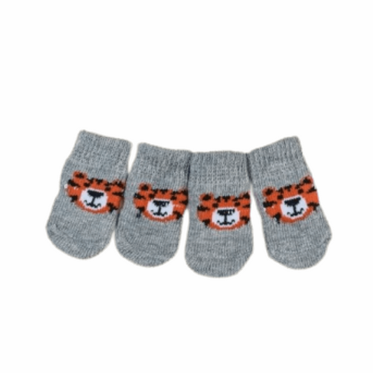 Dog Socks Gray Tiger Print Non Slip Pet Booties